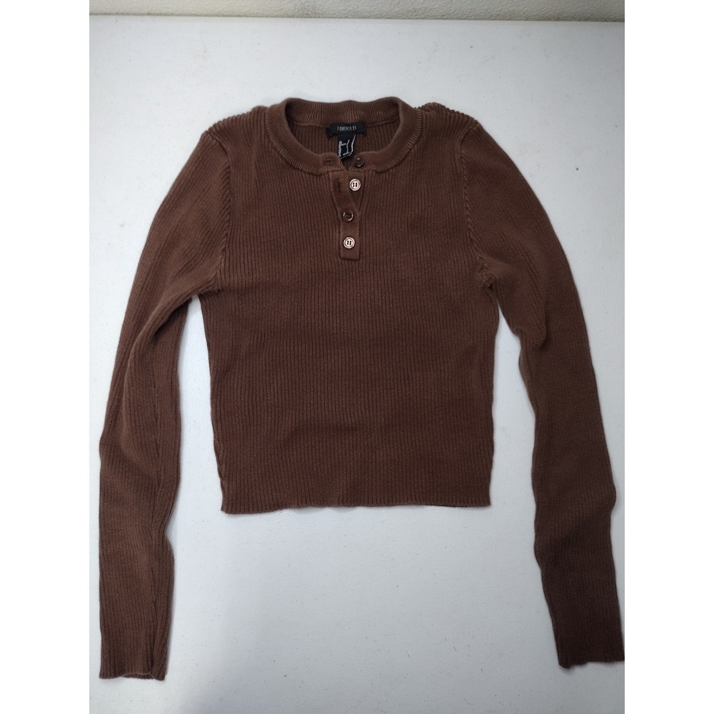 Forever 21 Womens Brown Ribbed Henley Long Sleeve Knit Top Size S